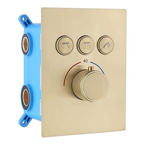 Drettyer 3 Way Thermostatic Shower Valve with Diverter,Concealed 3 Outlets Can Use at The Same Time Pressure Balancing Valve Shower Mixing Replacement Valve Kit(Brushed Gold) Cover