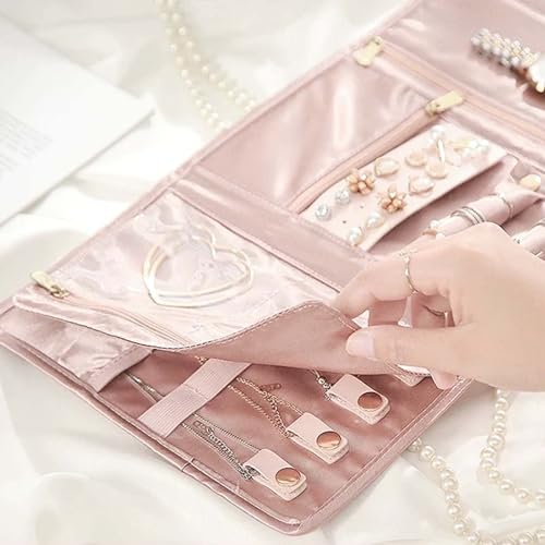 Faltbare Reise Schmuck Organizer,Leder Schmuckaufbewahrung Schmuckrollen Tragbare,Aufbewahrungstasche für Schmuck, Schmuckrolle Organizer Tasche für Ohrringe Halsketten Ringe Armbänder Uhren (Schwarz)