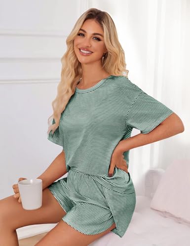 Image of JUSTFASHIONNOW Womens Pajama Sets Shorts Striped Print Two Piece Lounge Sets Crew Neck Sleepwear Split Shorts Set Soft Pjs