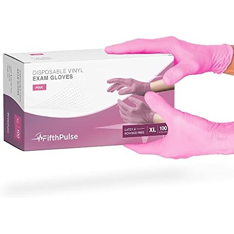 FifthPulse Pink Vinyl Disposable Gloves X Large 100 Pack - Latex Free, Powder Free Medical Exam Gloves - Surgical, Home, Cleaning, and Food Gloves - 3 Mil Thickness Cover