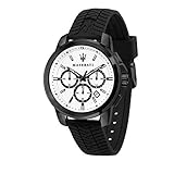 Colección Maserati Successo: la caja de acero de 44 mm, disponible en negro o plata, encierra esferas con marcadores y agujas de diseño deportivo y acabado contrastado. Nota: las correas de silicona con forma especial con la textura del neumático y el Tridente en relieve.