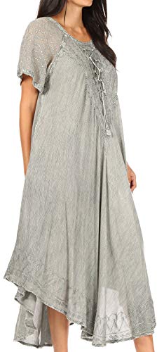 Image of Sakkas Egan Long Embroidered Caftan Dress /Cover Up with Embroidered Cap Sleeves