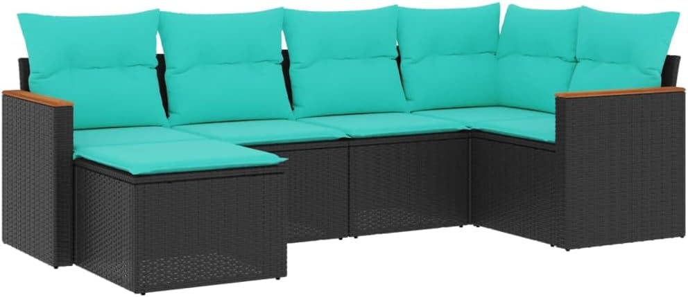 vidaXL Outdoor Patio Sofa Set with Cushions - 6 Piece Modular Black Poly Rattan Furniture for Garden, Deck, Backyard, Terrace