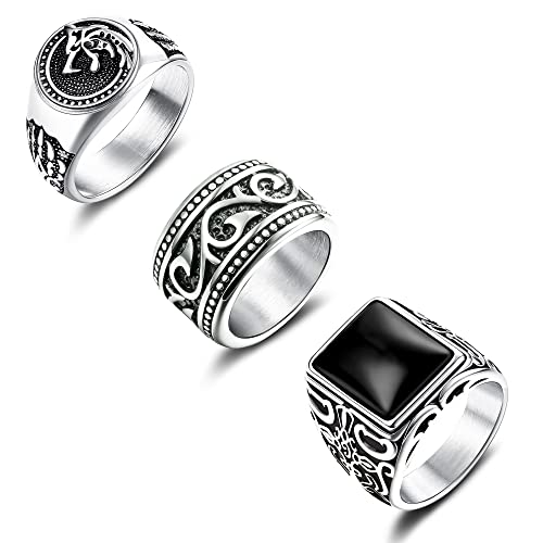 Florideco 3Pcs Stainless Steel Rings for Men Vintage Wolf Head Rings Mens Biker Wide Celtic Band Ring Silver/Gold Fit 7-13