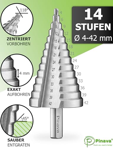 Pinava® HSS Stufenbohrer Ø4-42mm [Extra Scharf & Präzise] Kegelbohrer für Metall, Holz & Kunststoff - Hochwertiger Schälbohrer - 14 Stufen Blechbohrer - Konusbohrer zum sauberen und präzisen Aufbohren