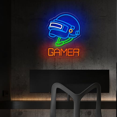 Image of Gamer Neon Sign Chicken Dinner Neon Sign for Wall Decor Level-3 Helmet USB Dimmable LED Neon Lights for Boys Girls Room Gameroom Holiday Birthday Christmas Gift