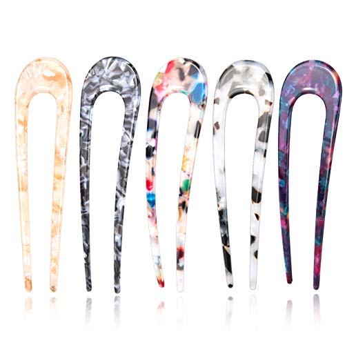 KONUNUS 5 Pieces U Shaped Hair Pin French Style Hair Stick Tortoise Shell Cellulose Acetate Hair Pin Fork Sticks 2 Prong Updo Chignon Pins for Women Girls