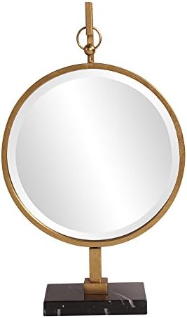 Howard Elliott Collection Medallion Round Table Top Mirror with Stand, Table Desk Vanity Makeup Mirror with Antique Gold Frame & Black Marble Base, Modern Accent Table Mirror, 30 x 18 Inches, Gold