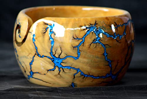 Image of Lichtenberg Figure Yarn Bowl - Handmade Wooden Yarn Bowl for Knitting Yarn Ball Holder - Yarn Bowls with Holes Crochet Bowl Holder - Yarn Storage Bowl 7 inch x 4 inch inches (Blue-B)