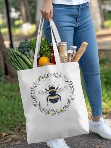 Canvas Tote Bags,Grocery Shopping Cloth Bag Farm Bee Floral Reusable Shoulder Bags Tote Bag for Travel Work Gym4
