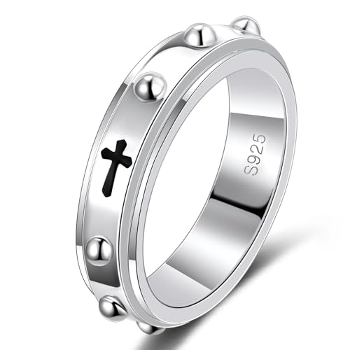 LYTTMAB 6MM Sterling S925 Silver Rosary Spinner Ring For Men Finger Decade Rosary Ring For Women Catholic Anxiety Fidget Ring (A1 11)