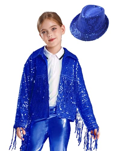 Aislor Kids Girls Disco Dance Theme Concert Rave Festival Outfits Sequins Fringe Long Sleeve Jacket Coat with Hat Set