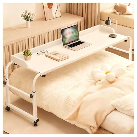 imuounl Bed Table Height Adjustable Overbed Table with Wheels, 120-210cm White Mobile Over Bed Desk with 65cm-95cm Adjustable Stand, Mobile Laptop Cart Computer Desk for Bed, Sofa or Office Use