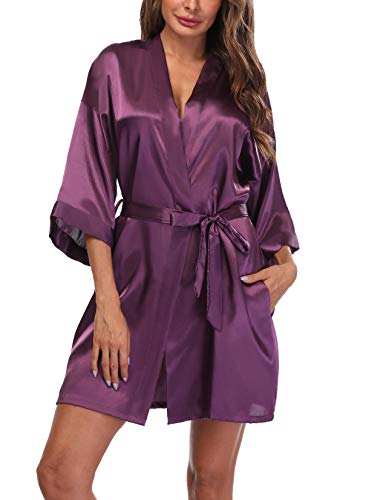 Sueshop Women s Satin Kimono Robes Short Silky Bathrobe Pure Color Robe for Wedding