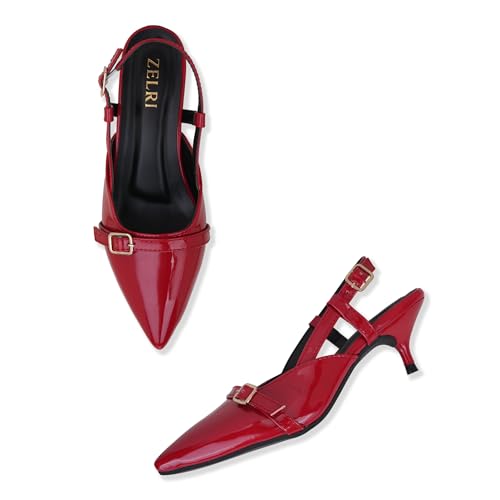 Image of Women's Pointed Toe Kitten Heels, Elegant Glossy Patent Leather Slingback Pumps with Adjustable Buckle Strap, 2-Inch Pencil Heel Sandals
