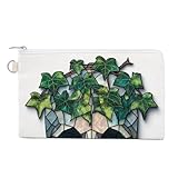 Jubonexis Cartera de lona, diseño de calavera de mosaico de vidrieras con corona de hojas de hiedra, monedero con cremallera, pequeña bolsa de cosméticos