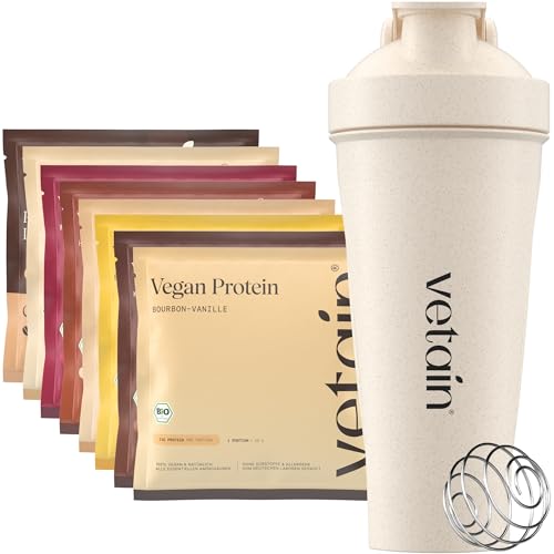 VETAIN Vegan Protein Probierset + Shaker - 8 x 30g - 23g Protein pro Portion - Proteinpulver Probierpaket - Ohne Allergene & Sucralose - laborgeprüft & produziert in Deutschland
