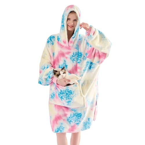 Krifey Wearable Blanket Hoodie, Oversized Sherpa Fleece Sweatshirt with Giant Pocket, Birthday Gifts for Women, Mom, Sister, Pink Tie Dye