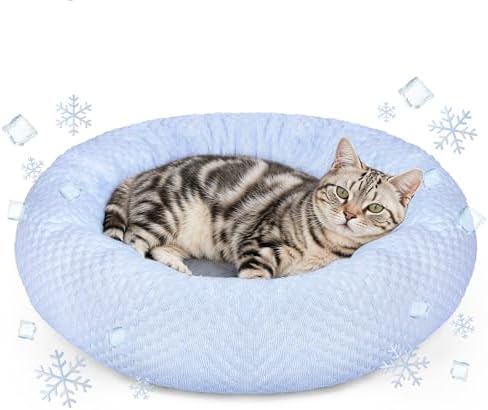 Small Donut Dog Bed - Cooling Calming Cuddler for Cats & Puppies, Anti-Anxiety Ice Fabric Round Pet Bed, Washable Comfort Dog Bed for Small Dogs, Egg Tart Design (S)