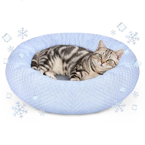 Small Donut Dog Bed - Cooling Calming Cuddler for Cats & Puppies, Anti-Anxiety Ice Fabric Round Pet Bed, Washable Comfort Dog Bed for Small Dogs, Egg Tart Design (S)
