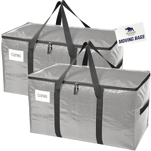 RUGGED RHINO Heavy Duty Extra Large Moving Bags, Durable Bag with Strong Handles and Zipper, Moving Boxes Alternative for College Packing, Holiday Décor, Space Saving Storage with Label, 2 Pack Silver