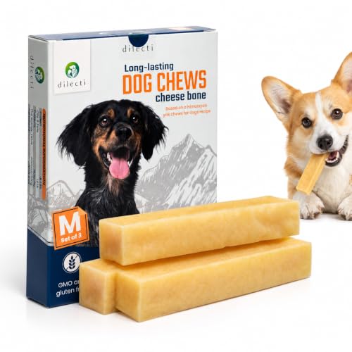 Dilecti Kaukäse für Hunde - Natürliche Käsestangen aus 100% Hartkäse, Langanhaltender Kausnack & Käse-Kauknochen, Getreidefrei mit Zahnpflege, nach Himalaya-Rezept (Größe M, 3er-Pack)
