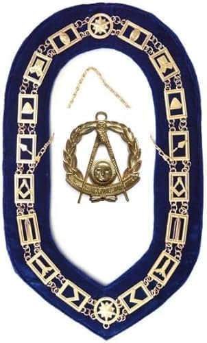 MASONIC BLUE LODGE OFFICER CHAIN COLLAR WITH Gold – Past Master JEWEL - MASONIC REGALIA BLUE LODGE CHAIN COLLAR GOLDCHAIN AND BLUE BACKING