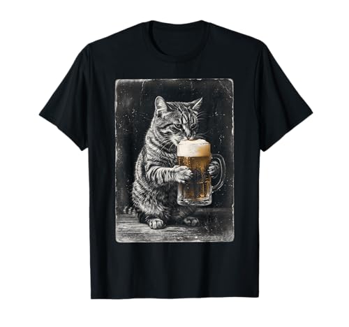 Cat Drinking Beer Funny Shirt Vintage Cat Lover Tee T-Shirt
