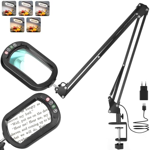 Veemagni 10X Rectangle Loupe avec Lumière et Pince, 2 * 16 Pouces Grand Bras Pivotant LED Lampe de Bureau, 5 Modes de Couleur Gradation Continue, Mains Libres...