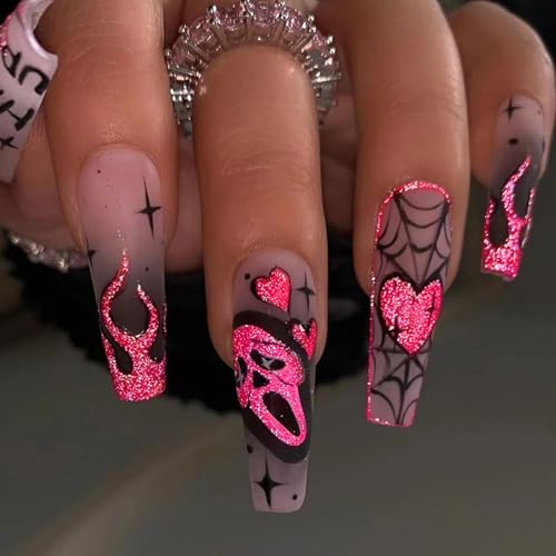 Halloween Press On Nails with Glitter, Goth Ghost Flame Design, S...