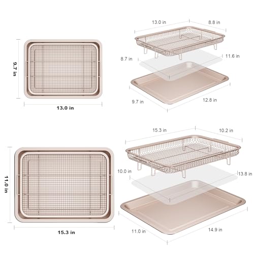 Image of Air Fryer Basket for Oven, OPENICE 2 Set Oven Air Fryer Basket and Tray with 60 Pcs Parchment Papers, Air Fryer Pan Crisper Tray Set for Crisping, Frying - Golden