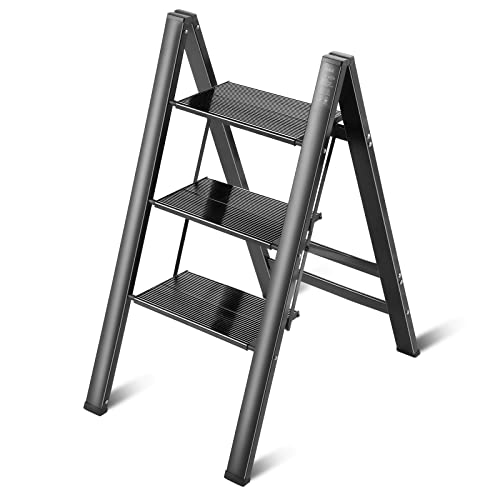 Akary 3 Step Ladder Aluminum - Lightweight Folding Step Stool, Wide Anti-Slip Pedal 300 Lbs Capacity Household Office Portable Stepladder, Black #TOP15