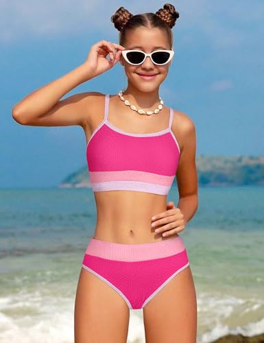 Image of Girls Bathing Suit Color-Block Adjustable Straps Bikini Sets Girls Two Piece Swimsuits with Chest Pad Swimwear 7-18T
