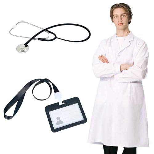 RAOPNHS 3 Stück Laborkittel Baumwolle weiß Arztkittel Damen Herren, Set mit Namensschild, Stethoskop und 3 Tasch Langarm Mäntel, Arztmantel Medizin...