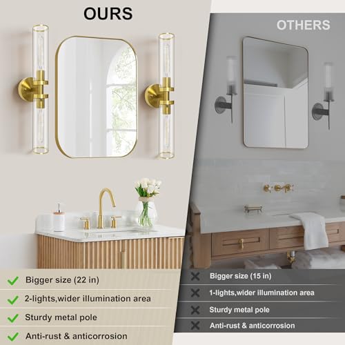 Image of Gold Wall Sconces, Bathroom Sconces Vanity Light Fixtures with Clear Glass, Set of 2, Brushed Gold Sconces Wall Decor, for Living Room /Bathroom Corridor Mirror /Bedroom Hallway Stairwell