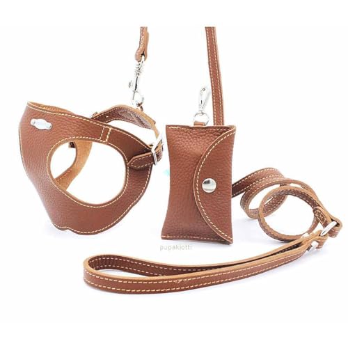 Pupakiotti Basic. Set 3 Pezzi. Pettorina per Cani, Guinzaglio e Porta Sacchetti per Cane in Pelle Made in Italy Marrone M-L