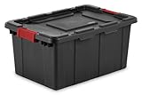 Sterilite 14649006 15 Gallon/57 Liter Industrial Tote, Black Lid & Base w/ Racer Red Latches, 6-Pack