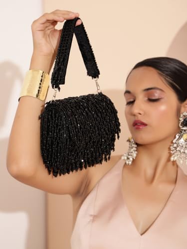Image of THE TAN CLAN Rosa Black Flap Over Clutch Bag for Women | Elegant Evening Handbag, Purse, Perfect for Weddings, Parties & Special Occasions