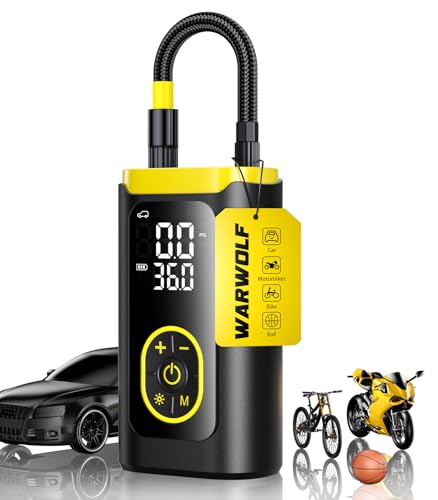 WarWolf 150PSI Tyre Inflator Portable Air Compressor - 3X Fast Air Pump with Auto Shut-Off,Digital Gauge,LED Light,Cordless Electric Tyre Pump for Cars,Motorcycle, Bike and Ball
