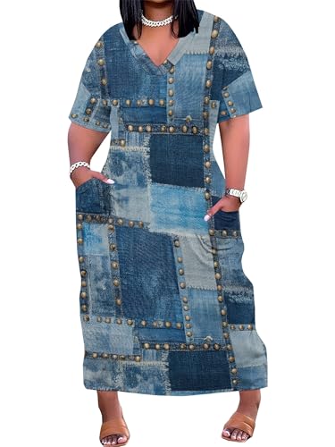 Image of SUZONANA Plus Size Denim Print Maxi Dresses for Women Casual V Neck Short Sleeve with Pockets Soft Jean Look Dress XL-6XL