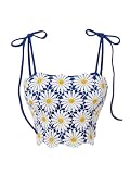 WDIRARA Women's Boho Daisy Floral Guipure Crop Top 3D Flower Tie Shoulder Square Neck Cute Cami Top Royal Blue Medium