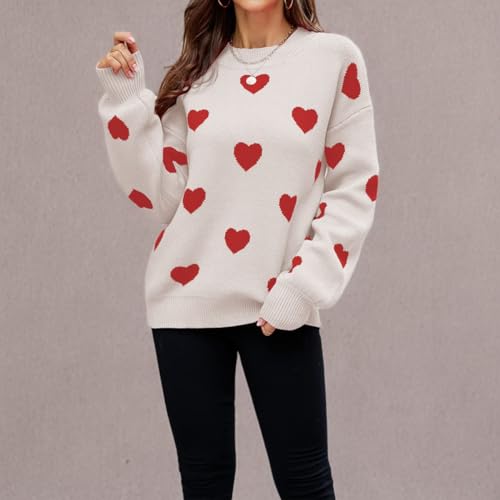 Image of Cute Sweaters for Women Girls Lovely Heart Printed Loose Casual Oversized Sweaters Crewneck Long Sleeve Pullover Knit Top (as1, Alpha, s, Regular, Regular, Standard, Red Apricot, Small)