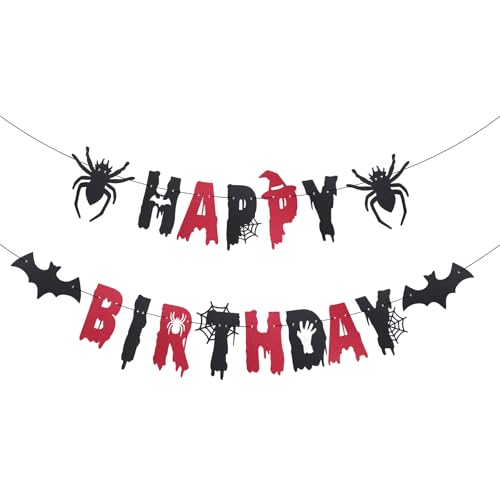 Pancarta Feliz Cumpleaños Halloween, Pre-Encordada Cdecoración Cumpleaños Halloween con Araña Murciélago Espeluznante Guirnalda Colgante para Niños y Niñas Suministros de Decoración Fiestas