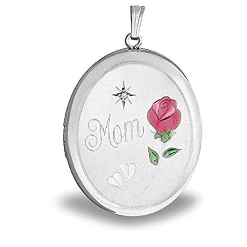 PicturesOnGold.com Sterling Silver MOM -w/Enamel Flower Oval Locket - 1 Inch X 1 1/4 Inch with Engraving