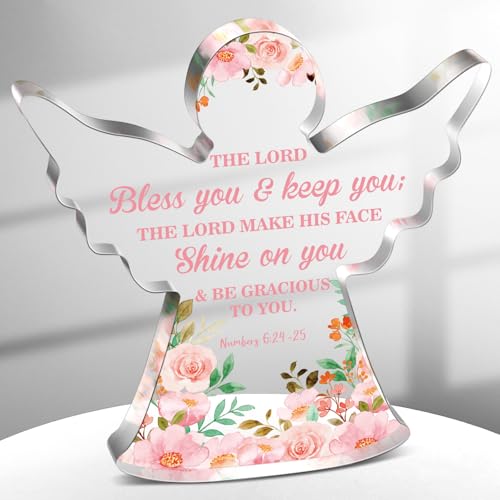 Gerrii Christian Gifts for Women Angels Figurines Inspirational Religious Gifts for Her Bible Verse Desk Decor Spiritual Acrylic Plaque Sign Decor for Birthday Holiday Mom Sister(Floral Angle)