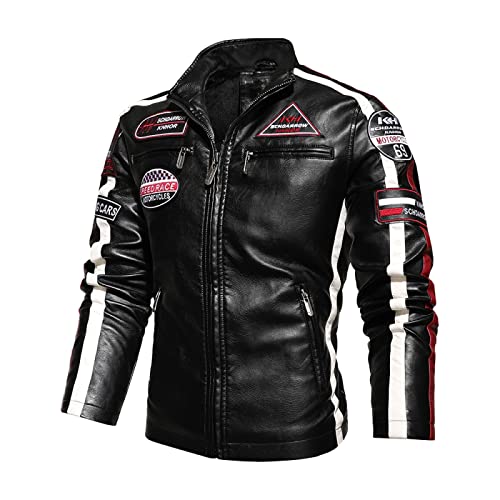 Mens Vintage Motorcycle Jacket Biker Leather Jacket Male Embroidery Bomber Coat Winter Fleece Pu Overcoat(XXL,Black)