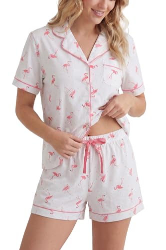 Image of LUBOT 100% Cotton Pajamas for Women 2 Piece PJ Set Button-Down Soft Knit Short Sleeve Summer Sleepwear Loungewear XS-XXL