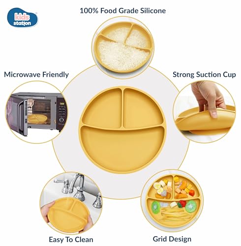 Image of Kids Station 3 Piece BPA-Free Silicone Baby Feeding Set - Baby Plate - Spoon and Bowl - Make Mealtime Fun - Microwave Safe - Unbreakable Eco-Friendly - Organic & Natural (Plate (Set of 3), Yellow)