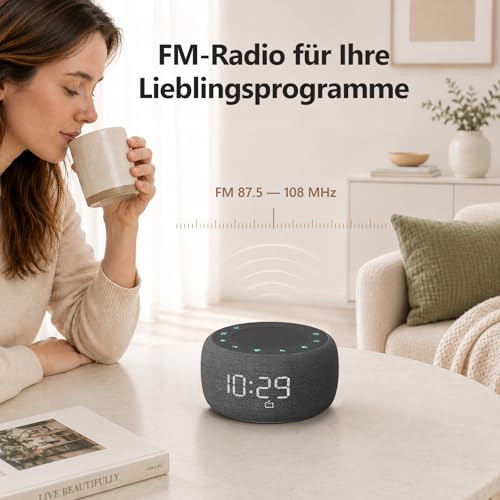Buffbee Digitaler Radiowecker für das Schlafzimmer - 7-farbiges Nachtlicht, High-Fidelity-Klangqualität mit nach oben gerichtetem Lautsprecher, 4 Wecktöne, Full Range Display Dimmer für den Nachttisch