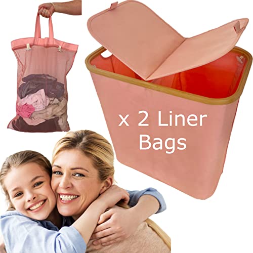 Pink Laundry Basket Hamper With Lid And Liners, Pink Hamper , Tall Slender Clothes Hamper Bin For Girls/ Teen/ Spare Bedroom. Perfect For Apartment, Baby Room, Pink Laundry Bin With Lid,Apartment Size #TOP3